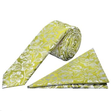 Mens Green Floral Silk Skinny Tie and Pocket Square