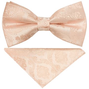 Pre Tied Light Peach Paisley Boys Bow Tie and Pocket Square Set