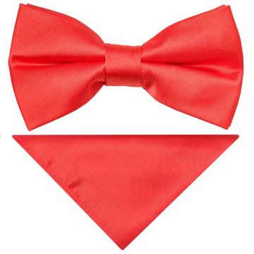 Pre Tied Coral Pink Satin Boys Bow Tie and Pocket Square Set
