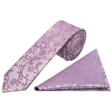 Lavender Floral Skinny Boys Tie and Pocket Square Set