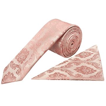 Rose Gold Paisley Skinny Men's Tie and Pocket Square Set