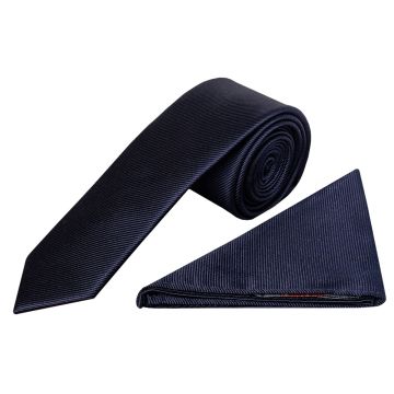 Navy Silk Twill Skinny Mens Tie and Pocket Square Set