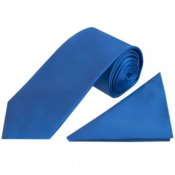 Plain Electric Blue Satin Classic Men's Tie and Pocket Square Set
