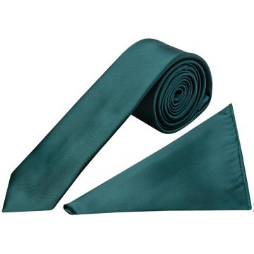 Plain Dark Teal Satin Skinny Men's Tie and Pocket Square Set