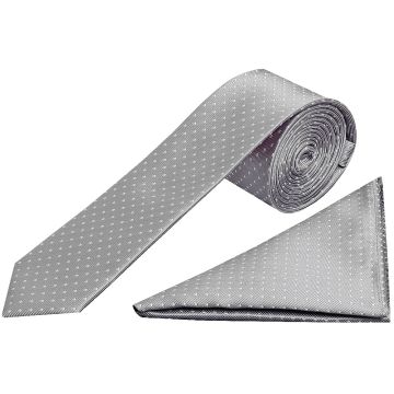 Silver and White Polka Dot Skinny Boys Tie and Pocket Square Set