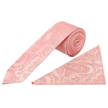 Light Pink Paisley Skinny Boys Tie and Pocket Square Set
