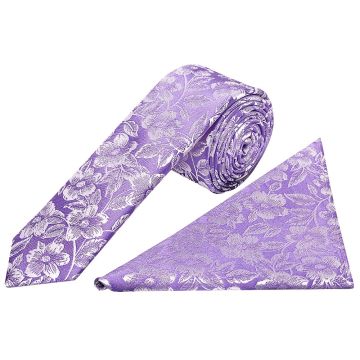 Mens Lilac Floral Silk Skinny Tie and Pocket Square