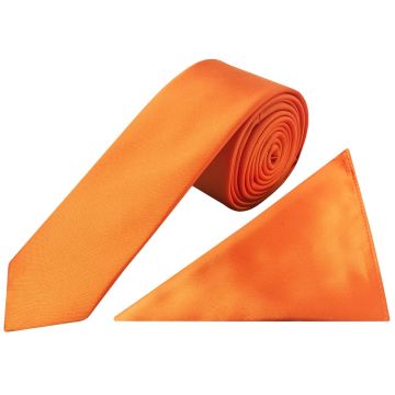 Plain Orange Satin Skinny Men's Tie and Pocket Square Set