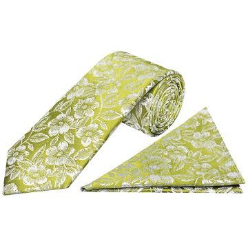 Mens Green Floral Silk Classic Tie and Pocket Square