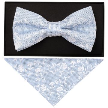 Sky Blue and White Floral Handmade Mens Bow Tie and Pocket Square Set