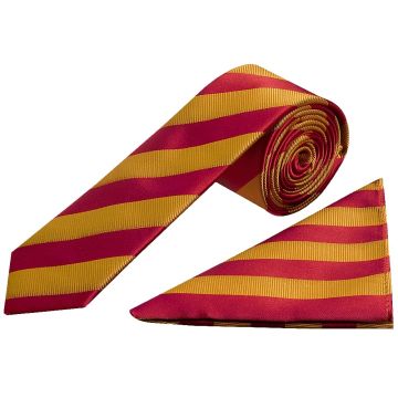 Red and Gold Striped Skinny Men's Tie and Pocket Square Set