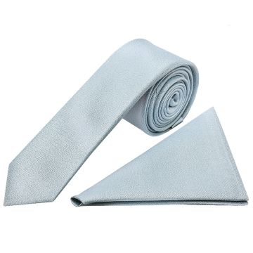 Plain Steel Blue Silk Skinny Boys Tie and Pocket Square Set