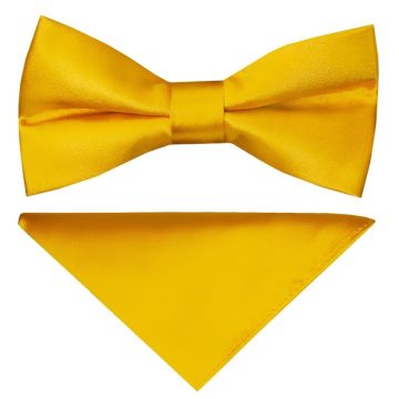 Pre Tied Bright Yellow Satin Boys Bow Tie and Pocket Square Set Age 4-7