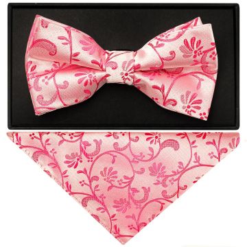 Light Coral Floral Handmade Mens Bow Tie and Pocket Square Set