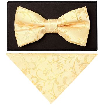 Gold Floral Handmade Mens Bow Tie and Pocket Square Set