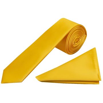 Plain Yellow Satin Skinny Men's Tie and Pocket Square Set