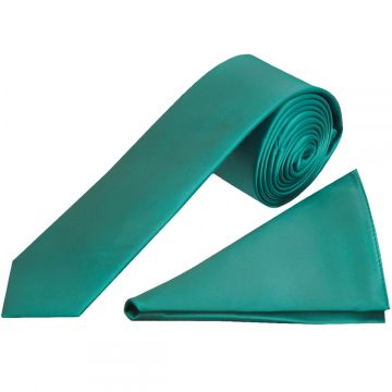 Plain Teal Green Satin Skinny Men's Tie and Pocket Square Set
