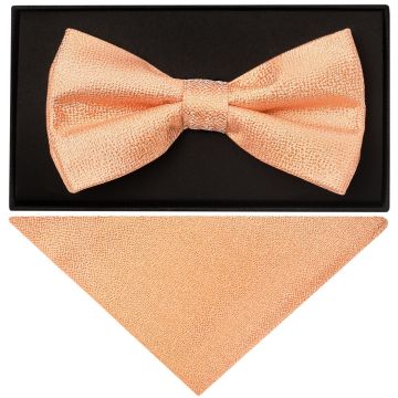 Plain Peach Textured Silk Mens Bow Tie and Pocket Square Set