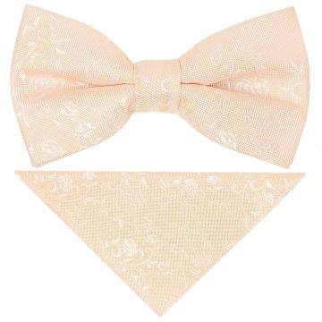 Pre Tied Light Peach and White Floral Boys Bow Tie and Pocket Square Set