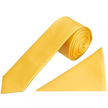 Plain Yellow Gold Satin Skinny Men's Tie and Pocket Square Set