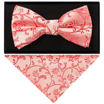 Coral Floral Handmade Men's Bow Tie and Pocket Square Set