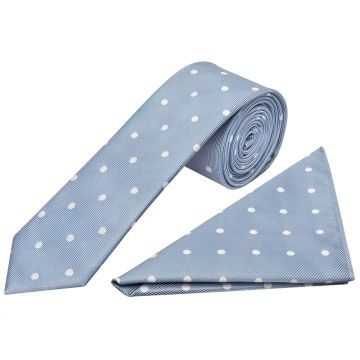 Dusty Blue Large White Spot Skinny Men's Tie and Pocket Square Set