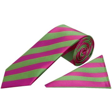 Pink and Lime Striped Classic Men's Tie and Pocket Square Set