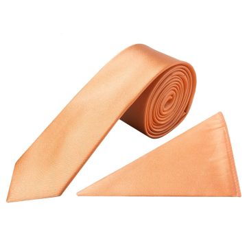 Plain Peach Satin Silk Skinny Men's Tie and Pocket Square Set