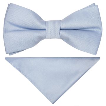 Pre Tied Plain Dusty Blue Satin Boys Bow Tie and Pocket Square Set Age 8-11