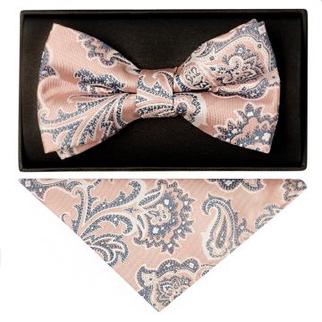 Pink and Blue Paisley Handmade Mens Bow Tie and Pocket Square Set