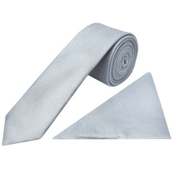 Plain Light Blue Textured Silk Skinny Men's Tie and Pocket Square Set