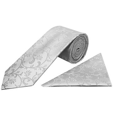 Silver Floral Classic Men's Tie and Pocket Square Set