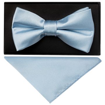 Plain Light Blue Hand Made Mens Bow Tie and Pocket Square Set