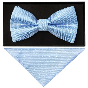 Handmade Light Blue And White Polka Dot Mens Bow Tie and Pocket Square Set