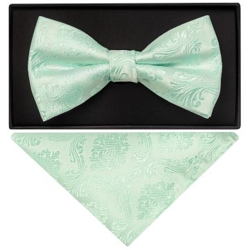 Mint Green Paisley Handmade Mens Bow Tie and Pocket Square Set