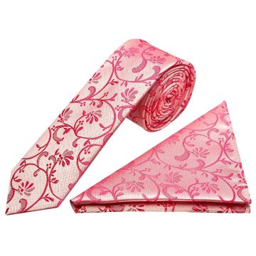 Light Coral Pink Floral Skinny Men's Tie and Pocket Square Set