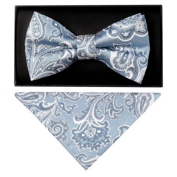 Blue and Silver Paisley Handmade Mens Bow Tie and Pocket Square Set