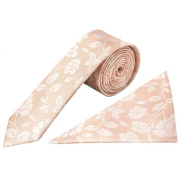 Pink with White Floral Silk Skinny Tie and Pocket Square Set