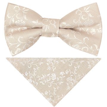 Pre Tied Champagne and White Floral Boys Bow Tie and Pocket Square Set Age 4-7