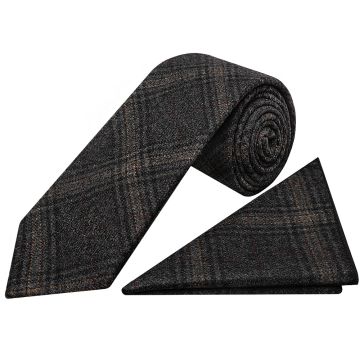 Dark Grey Check Tweed Classic Men's Tie and Pocket Square