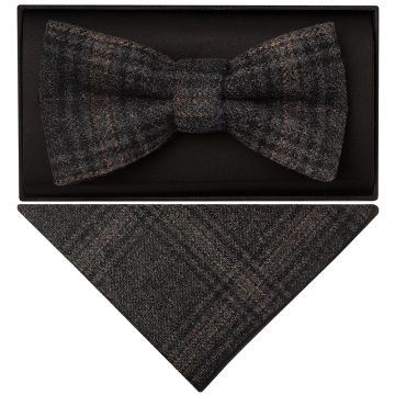 Dark Grey Check Mens Tweed Bow Tie and Pocket Square Set