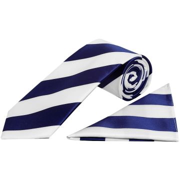 Navy and White Striped Classic Men's Football Tie and Pocket Square Set