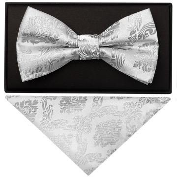 Silver Paisley Handmade Mens Bow Tie and Pocket Square Set