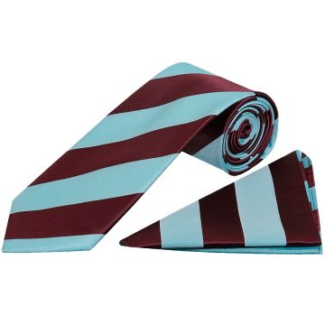 Claret and Blue Striped Hand Made Classic Men's Football Tie and Pocket Square Set