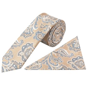 Champagne and Blue Paisley Skinny Men's Tie and Pocket Square Set