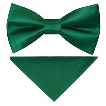 Pre Tied Forest Green Satin Boys Bow Tie and Pocket Square Set