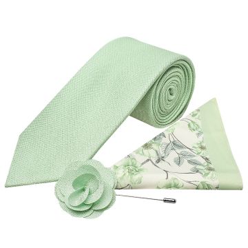 Classic Green Mens Tie with Pocket Square and Lapel Pin Set
