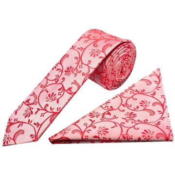 Bright Red Floral Skinny Men's Tie and Pocket Square Set