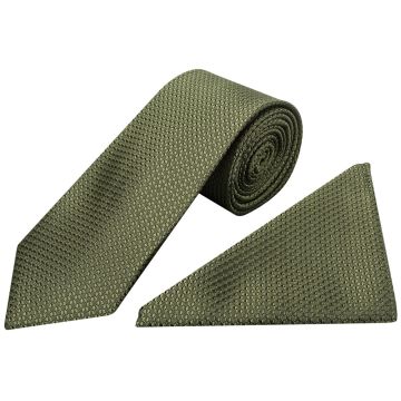 Olive Green Textured Classic Tie and Pocket Square Set
