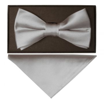 Plain Silver Handmade Mens Bow Tie and Pocket Square Set
